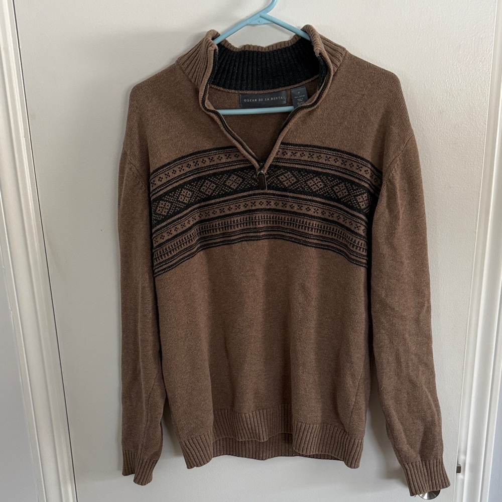 Oscar De La Renta Men's Brown Zip-Up Sweater with Black Pattern